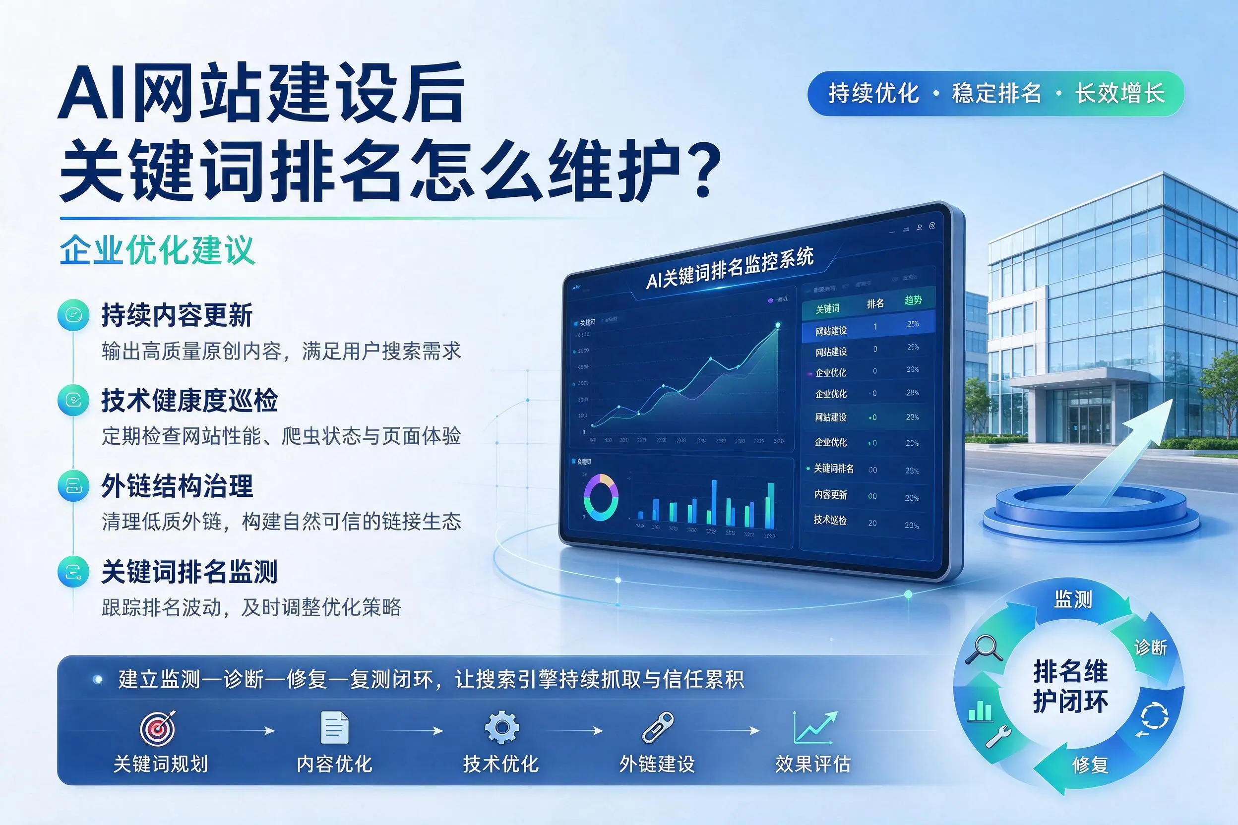 AI网站建设后关键词排名怎么维护?来宾企业优化建议